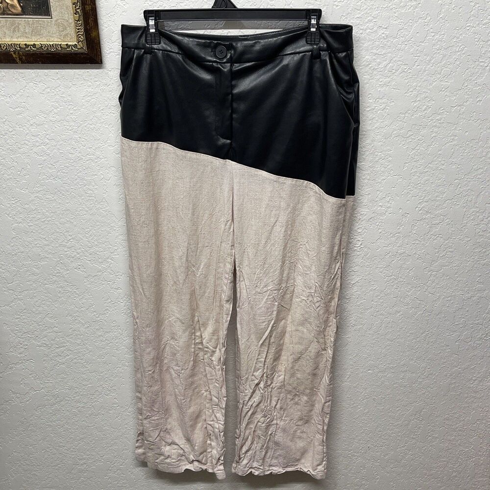 Micas Women’s L Contrast Color Block Print Straight Leg Trousers Beige Black